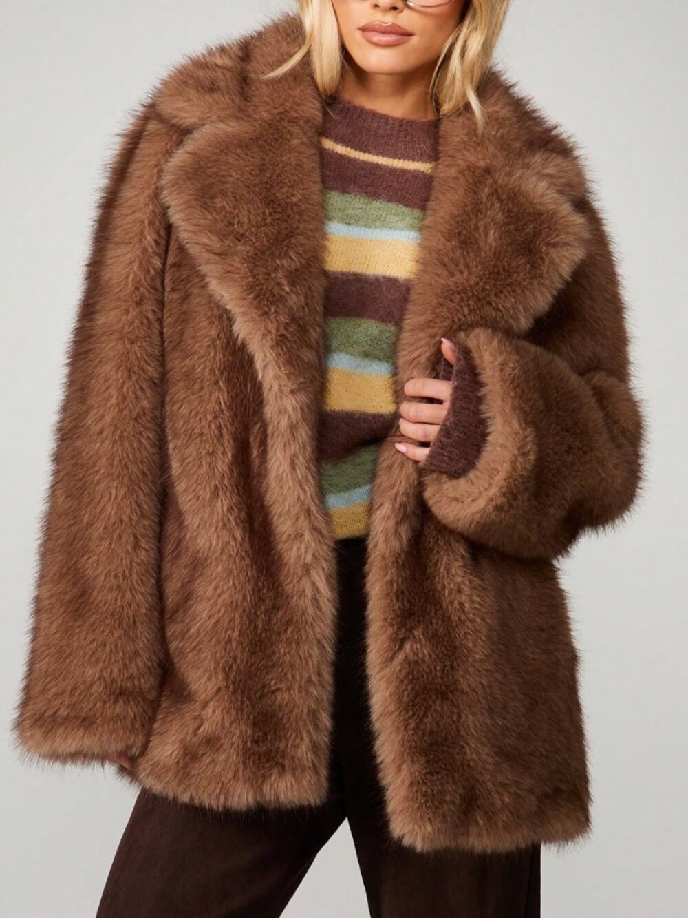 Brown Casual Women's Unlined Open Front Plush Long Sleeve Oversized Teddy Jacket